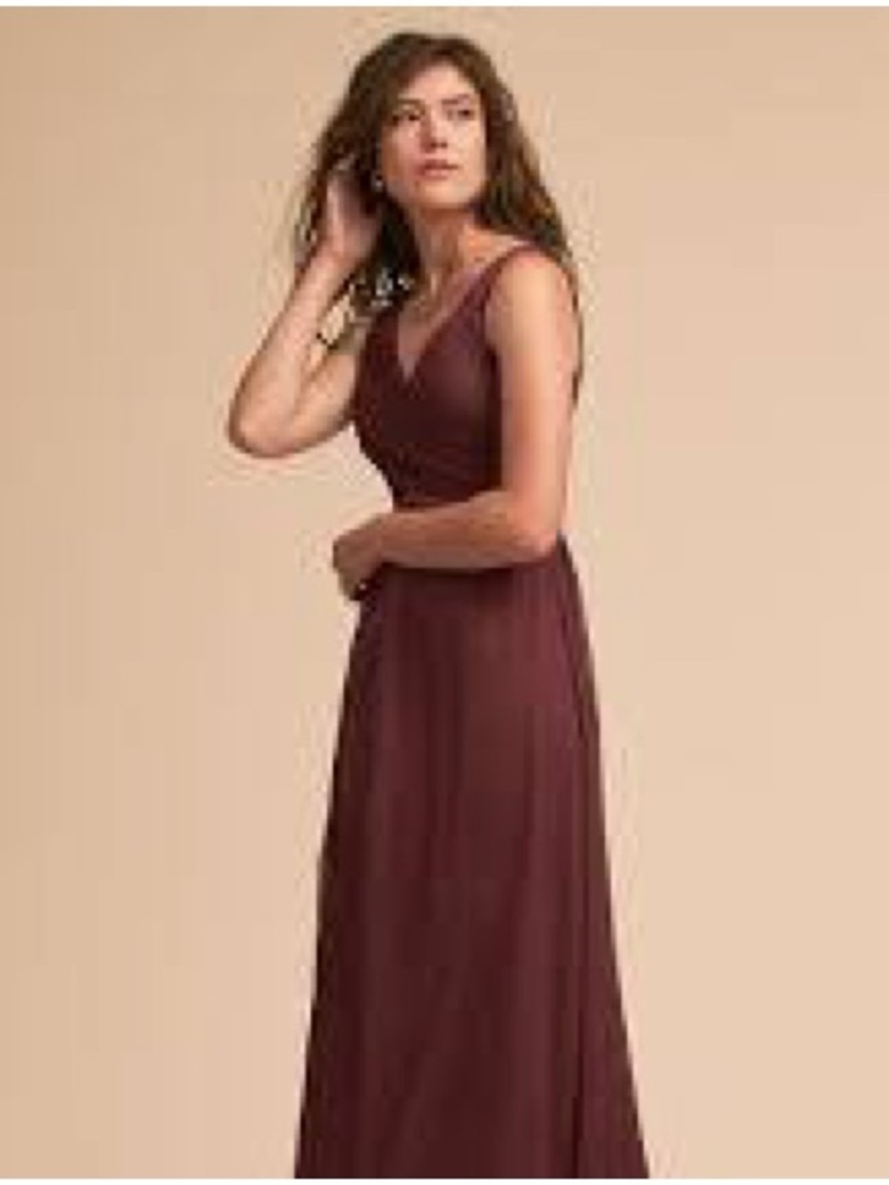 BHLDN Angie Sleeveless V-Neck Chiffon Wrap Top Maxi Dress in Burgundy Bridesmaid